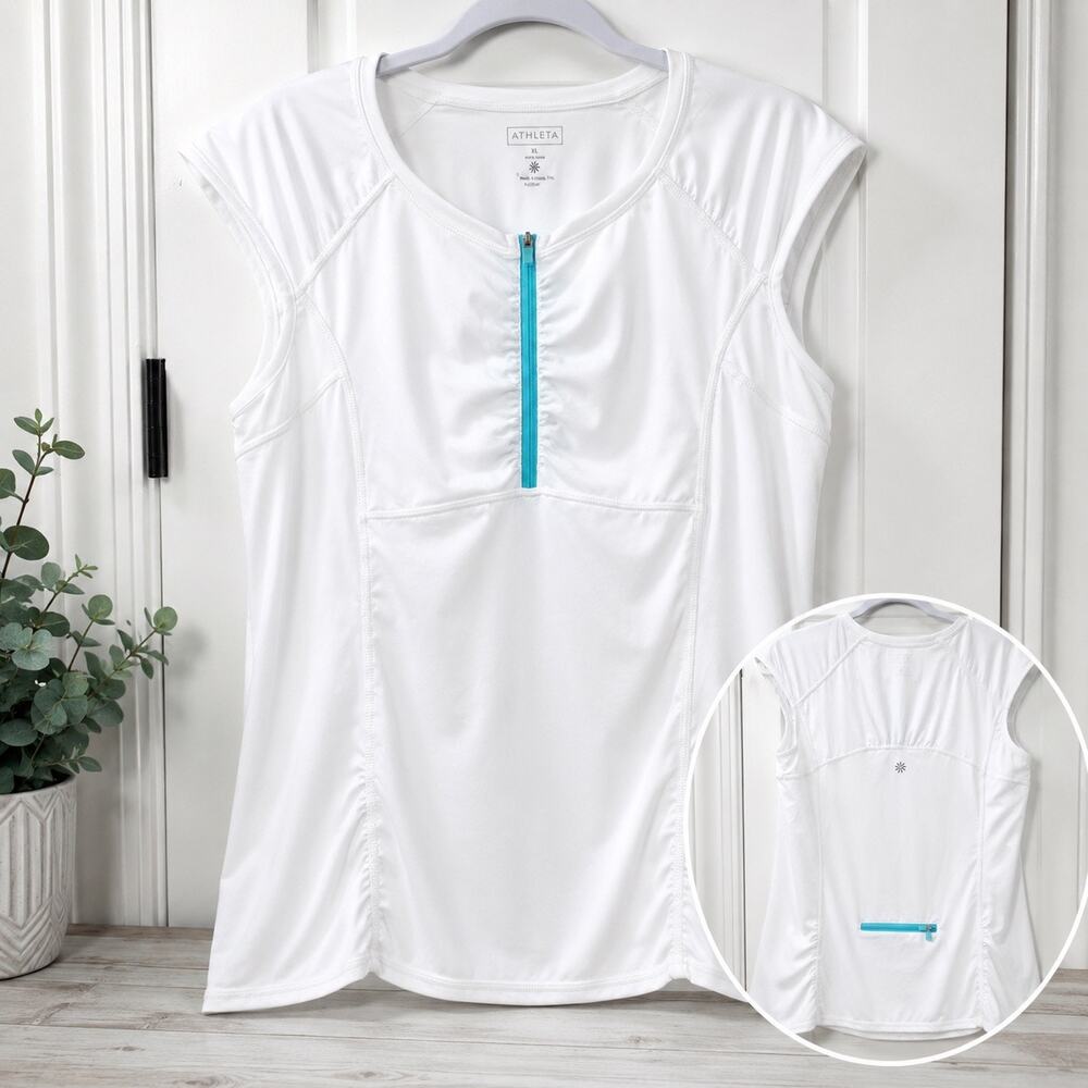 Athleta Intrepid Cap Sleeve Sun Shield Top XL White Blue Zip UPF 50 Running